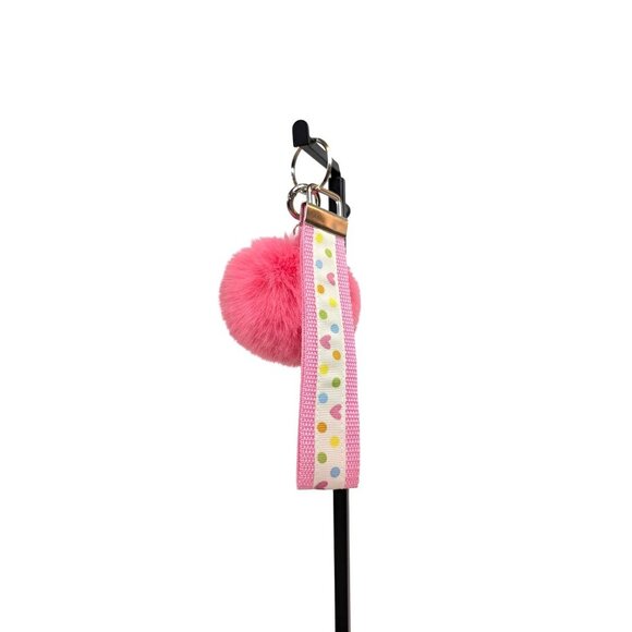 Pink pompom purse charm polka dot lanyard wrist strap keychain wristlet NEW - Picture 1 of 3